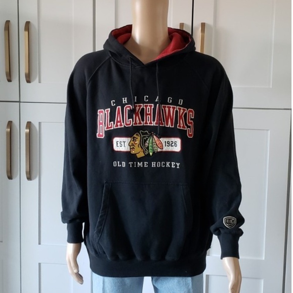 Chicago Blackhawks Hoodie Mens Large 1926 NHL 90s Black Sewn Old Time Pullover
